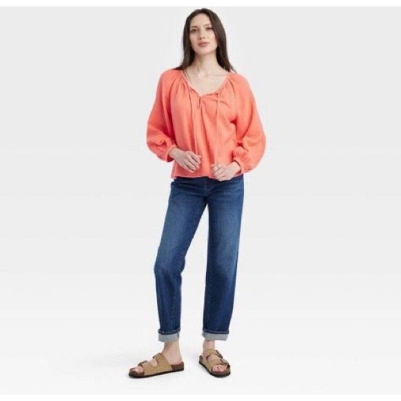 Universal Thread Tops - Universal Thread Women's Gauze Balloon-Sleeve Popover Blouse Orange Size XL